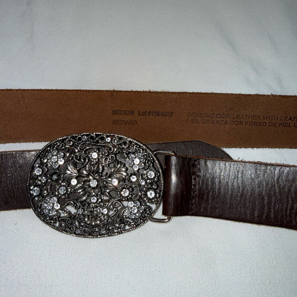 Brown Cow Leather Belt with Ornate Silver Buckle